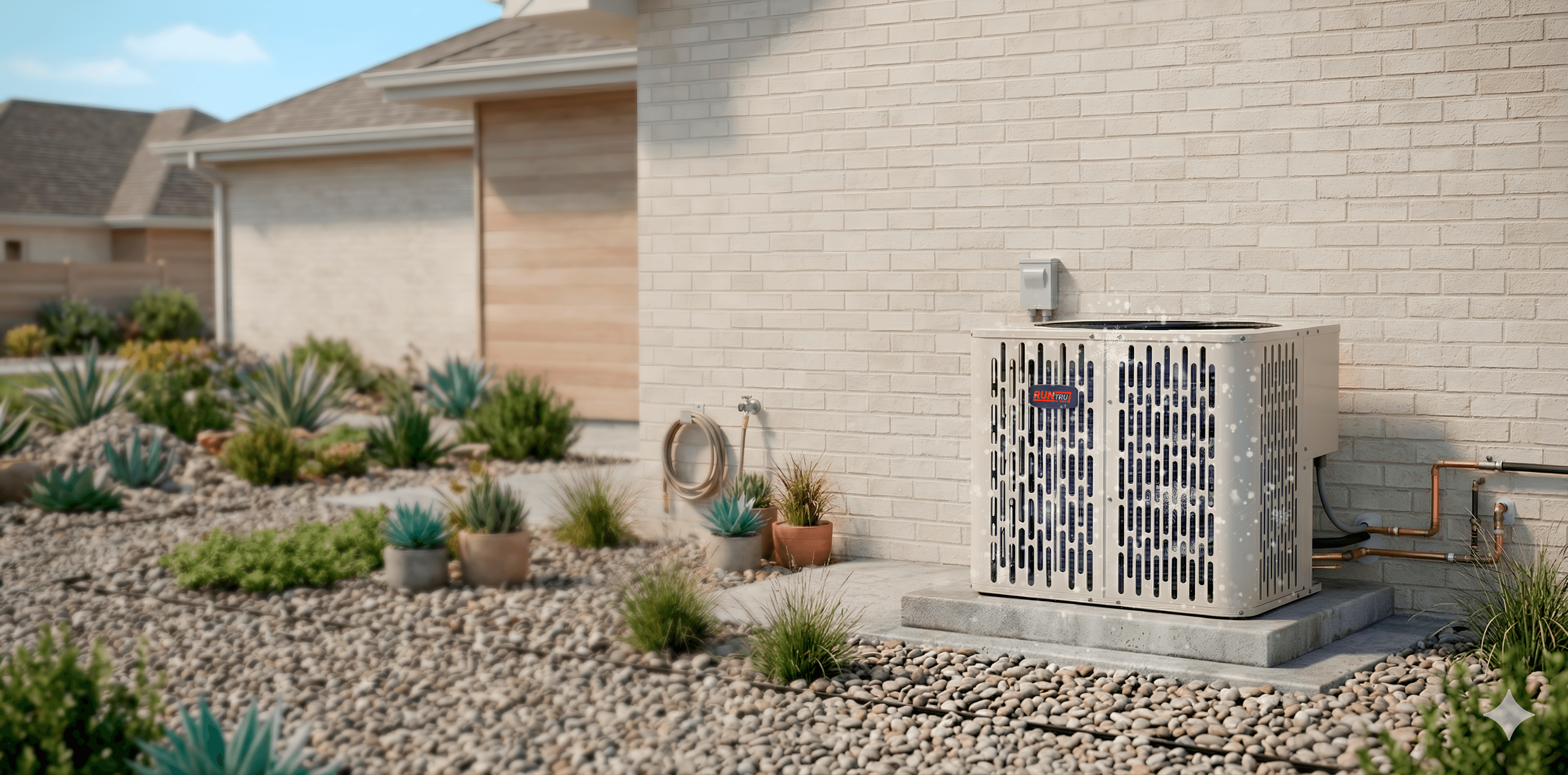 RunTru straight cool condenser installed beside a brick wall